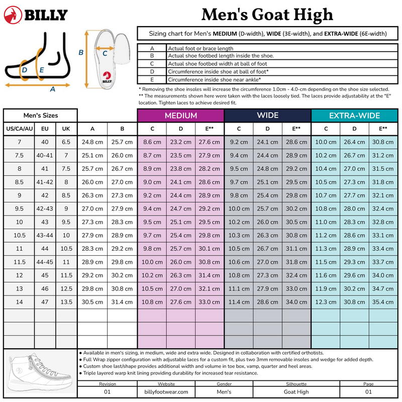 Sizing chart for the Men's Black/White BILLY Goat Classic High by BILLY Footwear, showing US, UK, EU sizes, foot lengths, widths (Medium/Wide/Extra-Wide), plus a shoe diagram and fitting instructions—great for orthotics or braces.