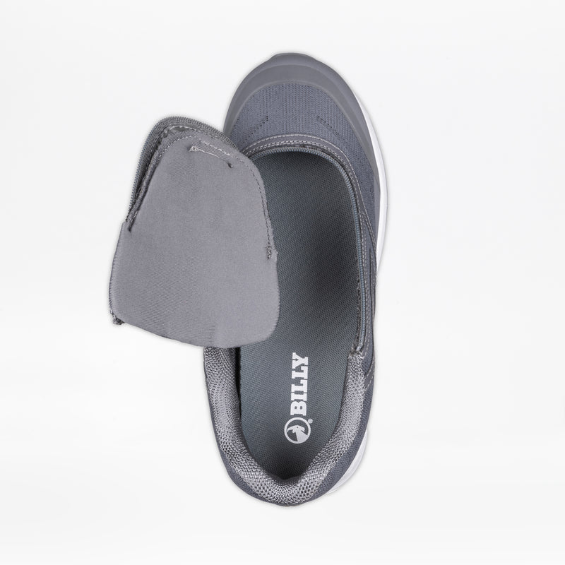 The Men's Charcoal BILLY Goat by BILLY Footwear is an AFO-friendly shoe shown from above with the upper unzipped and open to reveal the interior and insole, designed for easy access against a white background.