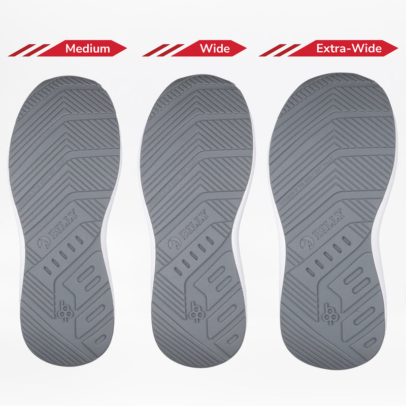 Three gray soles from the BILLY Footwear Men's Charcoal BILLY Goat—labeled Medium, Wide, and Extra-Wide—show increasing width for various foot sizes, perfect for AFO-friendly shoes and men's adaptive orthotic footwear.