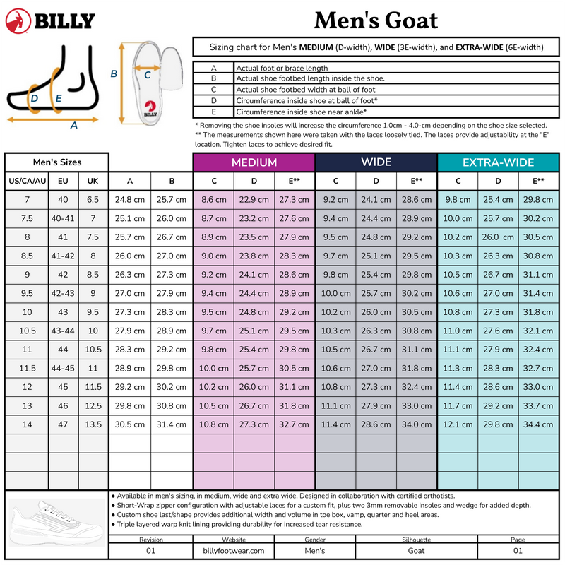 Men’s sizing chart for the Men's Black to the Floor BILLY Goat by BILLY Footwear shows US, EU, UK sizes and foot measurements for medium, wide, extra-wide widths. Includes measurement instructions and a diagram.