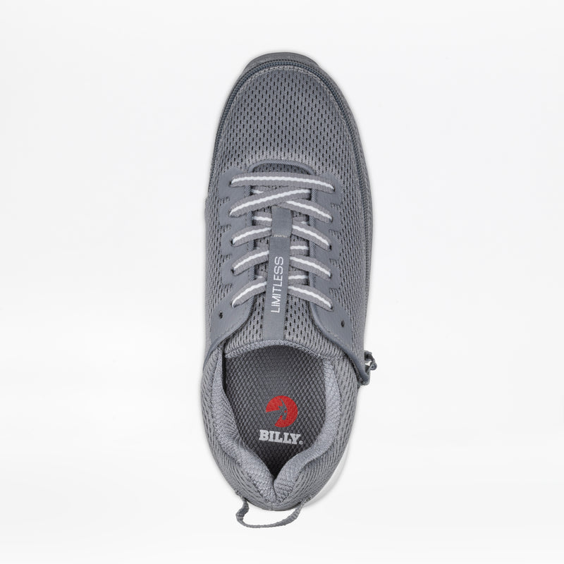 Top view of the Men's Charcoal BILLY Limitless by BILLY Footwear—a gray sensory-friendly shoe with white laces, mesh upper, LIMITLESS on the tongue, and a red insole logo. Designed for comfort and style in men’s wide shoes.
