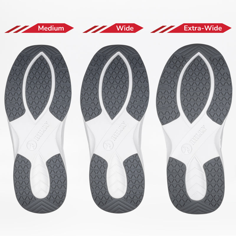 Three Men's Charcoal BILLY Limitless shoe soles by BILLY Footwear, labeled Medium, Wide, and Extra-Wide, display varying widths. Gray and white textured treads offer a sensory-friendly fit for men needing wide shoes.