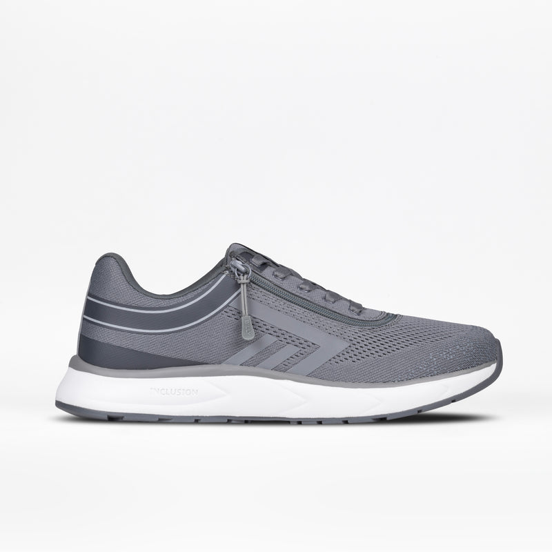 The Men's Charcoal BILLY Sport Inclusion by BILLY Footwear features a mesh upper, white sole, and subtle stripe accents, displayed from the side against a plain white background.
