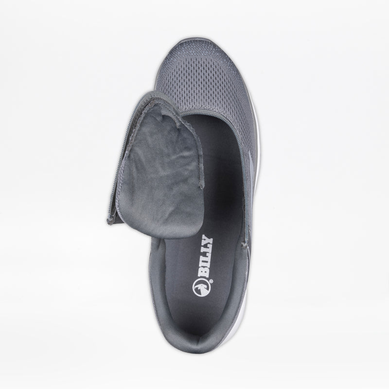 Top-down view of the Men's Charcoal BILLY Sport Inclusion shoe by BILLY Footwear, featuring a wide side opening and visible white BILLY logo on the insole. These men's athletic zipper shoes offer easy-access design. Background is plain white.