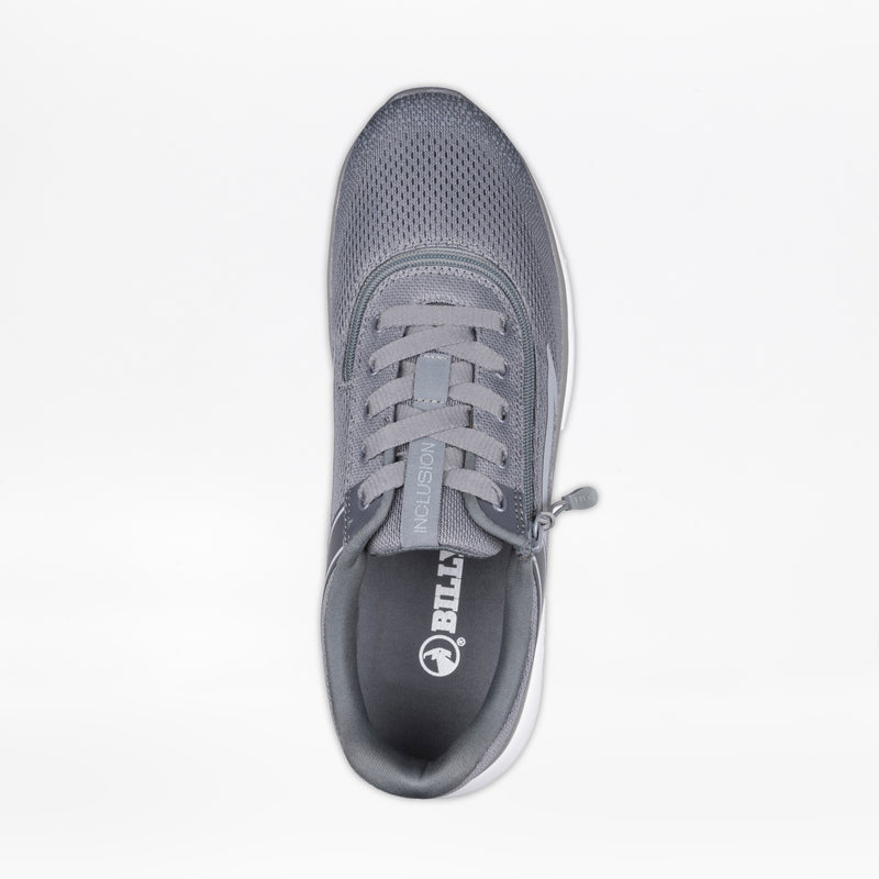 Top view of a Men's Charcoal BILLY Sport Inclusion by BILLY Footwear, featuring mesh fabric, lace-up front, a side zipper for easy access, and an insole with white BILLY branding on black—an inclusive sneaker for men.