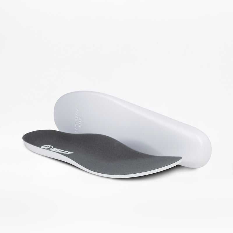 Two orthotic insoles are shown on a white background. Their contoured black top and smooth white underside offer comfort and support, as featured in the Men's Charcoal BILLY Sport Inclusion by BILLY Footwear.
