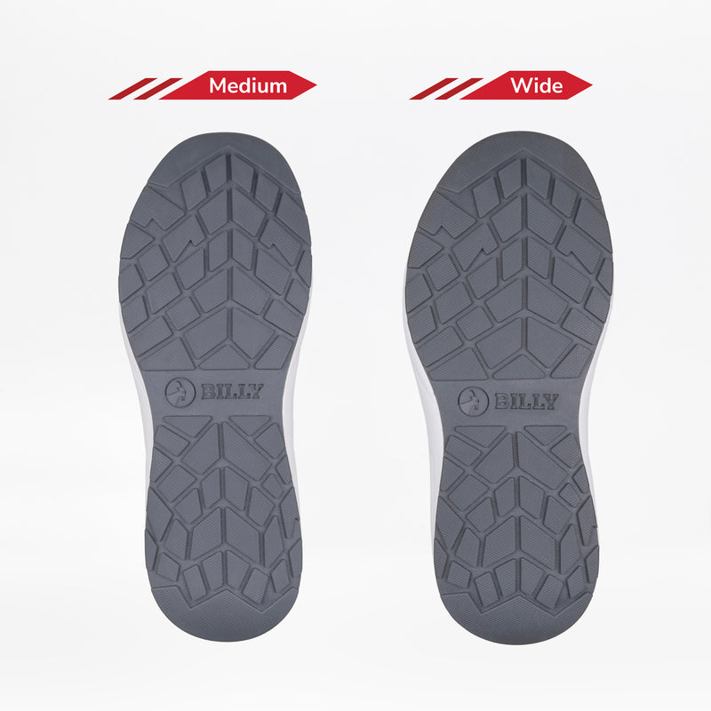 Two gray Men's Charcoal BILLY Sport Inclusion shoe soles by BILLY Footwear are shown side by side on a white background. The left sole is labeled Medium, the right is labeled Wide, highlighting the shoes’ inclusive fit.