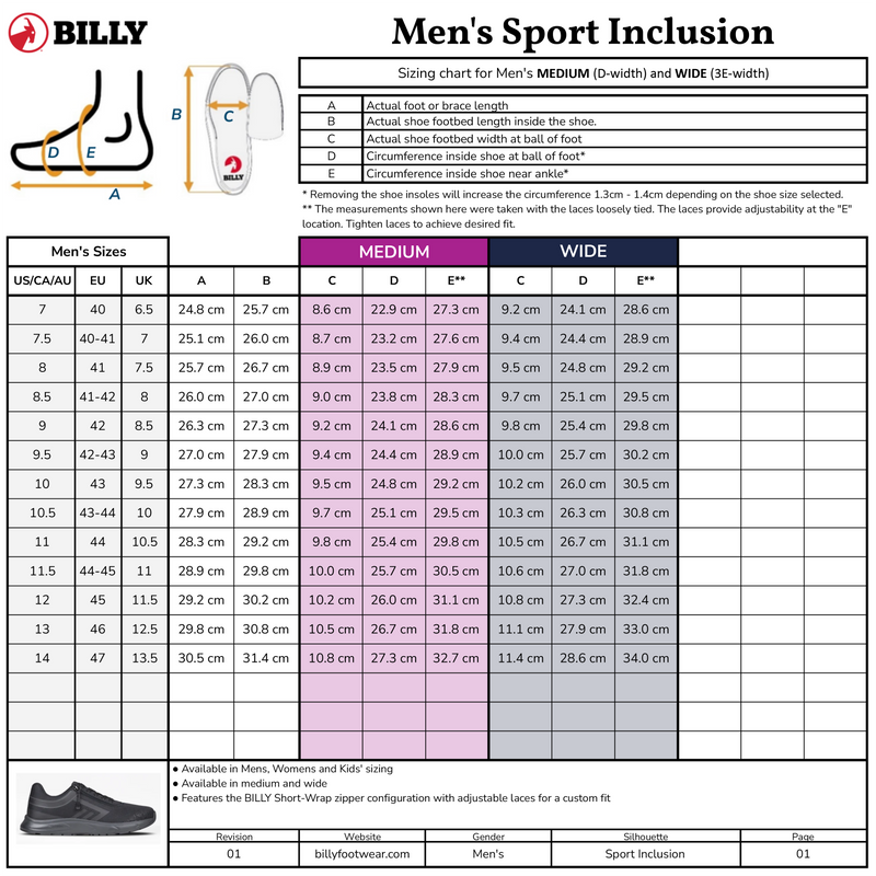 The BILLY Footwear men’s shoe sizing chart features US, UK, and EU sizes, foot measurements for medium and wide widths, illustrations, a black sneaker image, and highlights the Men’s Black to the Floor BILLY Sport Inclusion comfortable sneakers.