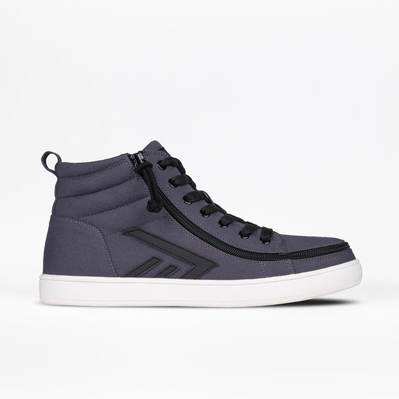 The Men's Charcoal/Black BILLY CS High by BILLY Footwear features black laces, a BILLY Full Wrap Zipper, black accents, and a white rubber sole, showcased on a plain white background.