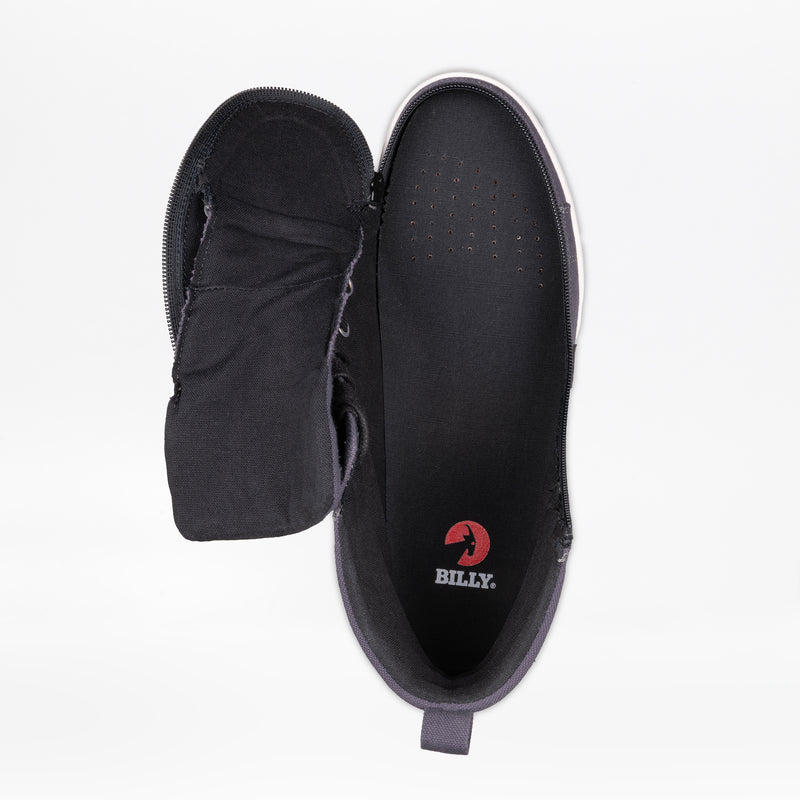 Top view of the Men's Charcoal/Black BILLY CS High by BILLY Footwear, showcasing its Full Wrap Zipper design unzipped to reveal the red BILLY logo on the insole and toe perforations—ideal step-in shoes for easy access.