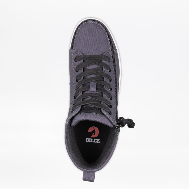 A top view of the Men's Charcoal/Black BILLY CS High by BILLY Footwear, featuring black laces, a Full Wrap Zipper on the side, and "BILLY." on the black insole, set against a plain white background.