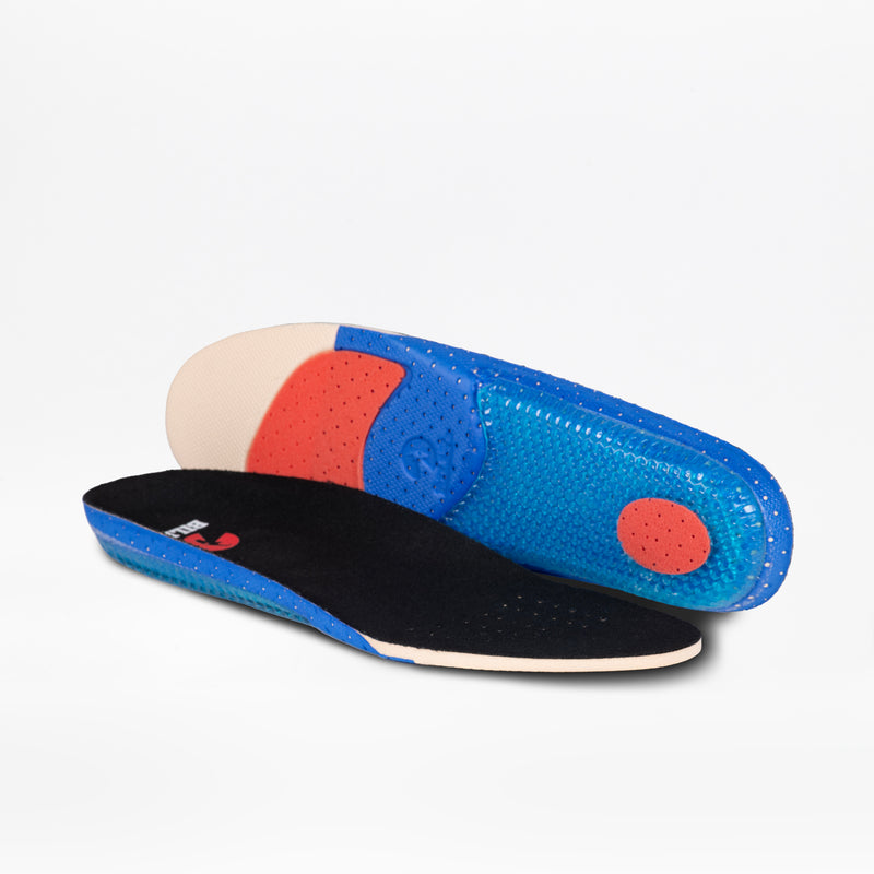 Two colorful insoles for Men's Charcoal/Black BILLY CS High by BILLY Footwear feature black tops, blue and red cushioning, and beige accents—one flat, one propped to display the detailed bottom against a white background.