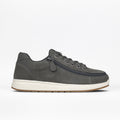 The Men's Charcoal Suede BILLY Comfort Plush by BILLY Footwear features a white sole, gray laces, and a side wraparound zipper, shown on a plain white background.
