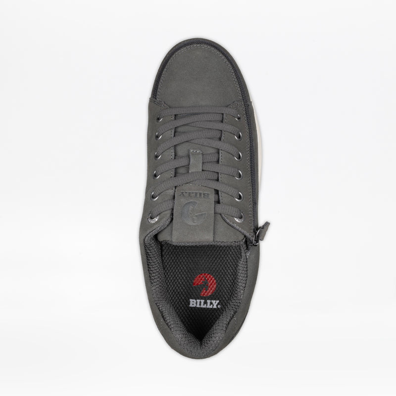 A top view of the Men's Charcoal Suede BILLY Comfort Plush shoe by BILLY Footwear, featuring gray laces, a wraparound zipper, and a black insole branded "BILLY Comfort Plush" in white, displayed on a white background.