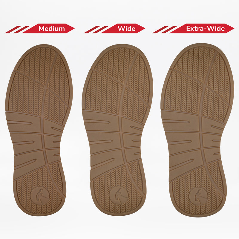 Three brown outsoles labeled Medium, Wide, and Extra-Wide from the Men's Charcoal Suede BILLY Comfort Plush shoes by BILLY Footwear display varying widths with similar tread patterns and a handy wraparound zipper.
