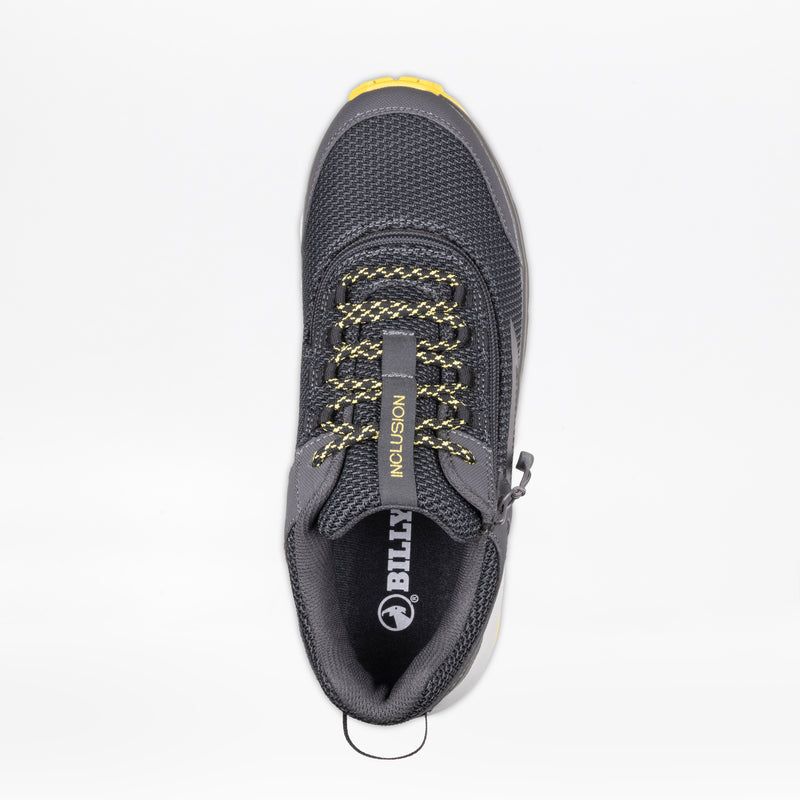 The Men's Charcoal/Yellow BILLY Inclusion Trail by BILLY Footwear is a dark gray athletic shoe seen from above, with yellow accents, mesh upper, hiking-style details, yellow-black laces, heel pull tab, and "INCLUSION" on the tongue.