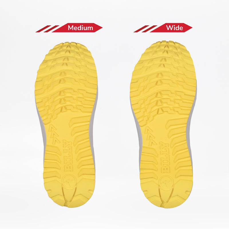 Two yellow soles for the Men's Charcoal/Yellow BILLY Inclusion Trail by BILLY Footwear are side by side on a white background. The left, labeled Medium, is narrower; the right, labeled Wide, is broader. Both have similar tread patterns.