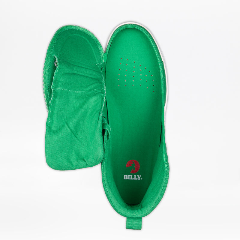 The Men's Green/White BILLY CS High by BILLY Footwear is a green high top sneaker with a zippered upper that fully opens to reveal a ventilated insole and red heel logo, shown against a white background.