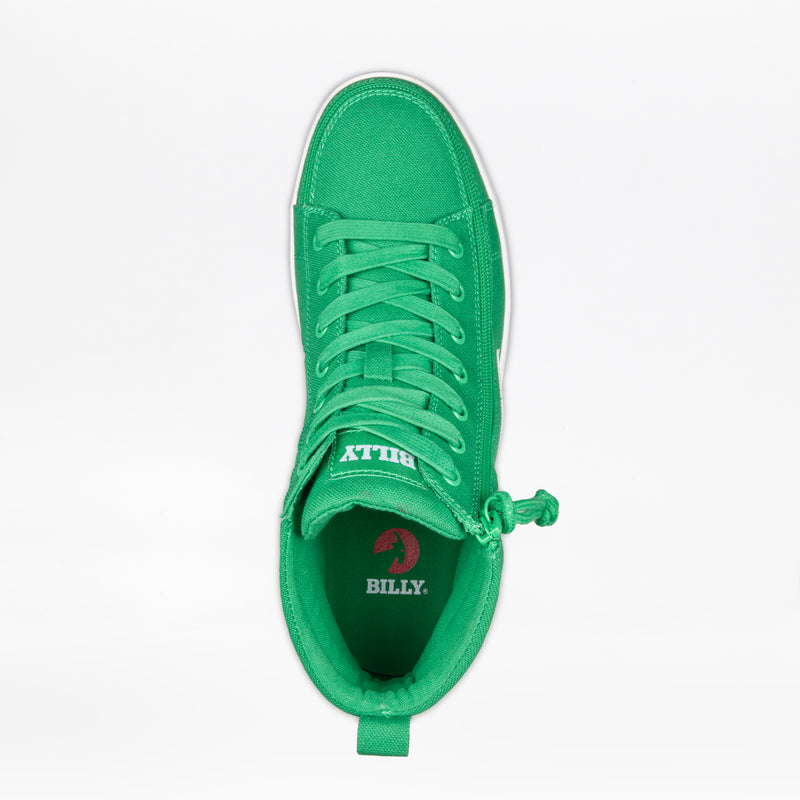 Top view of the Men's Green/White BILLY CS High sneaker by BILLY Footwear, featuring bright green with matching laces, "BILLY" in white on the tongue, and a pink BILLY Footwear logo on the insole—a standout men's high top.