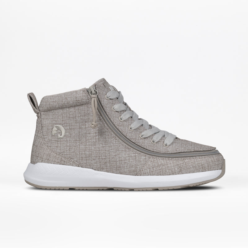 The Men's Grey Jersey BILLY Goat Classic High by BILLY Footwear is a light gray high-top sneaker with side zipper, fabric texture, white sole, gray laces, and pull tab—designed as men's wide shoes for comfort on a plain white background.