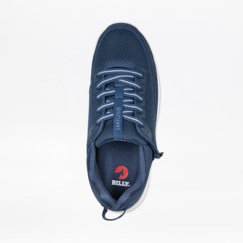 Navy blue sneaker with a visible brand logo on a white background