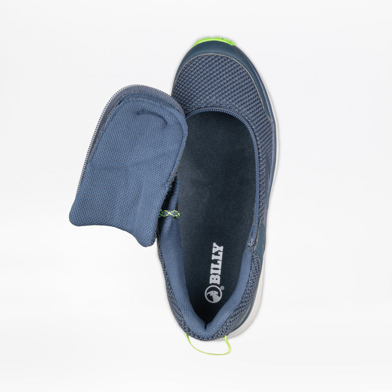 The Men's Navy/Green BILLY Inclusion Trail by BILLY Footwear is a slip-on shoe with a textured surface, shown from above. The upper zipper is open to reveal the interior and flexible flap—perfect water-resistant sneakers for outdoor use.