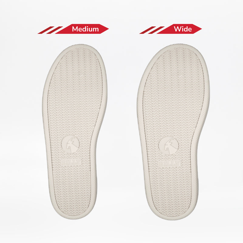 Two beige insoles for the Men's Navy/White BILLY CS High by BILLY Footwear are shown side by side—one labeled Medium, the other Wide—highlighting width differences for customizing fit in these high top sneakers.