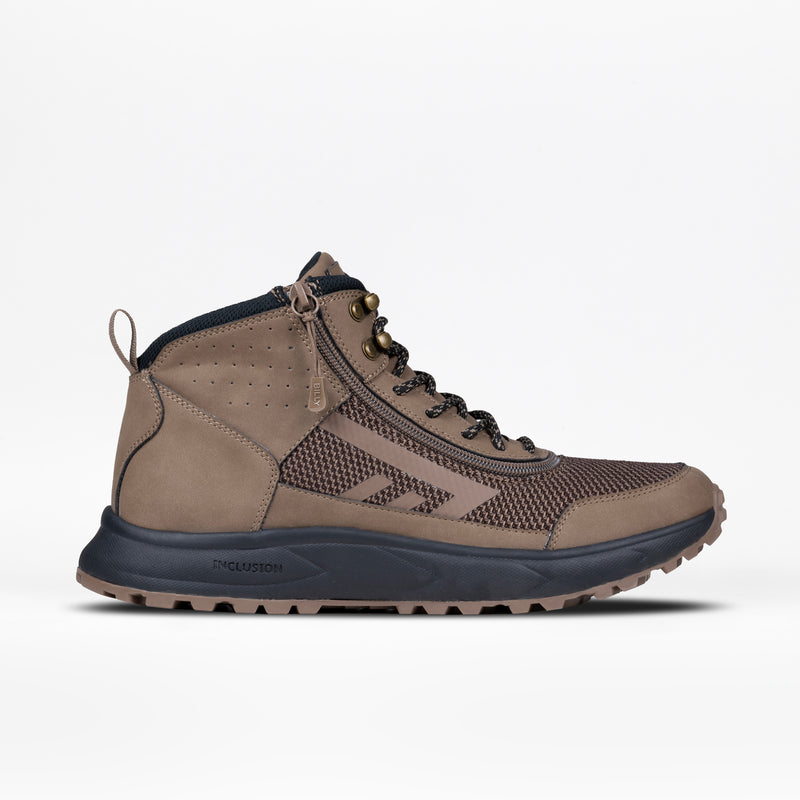 The Men's Taupe BILLY Inclusion Trail Boot by BILLY Footwear is shown in side profile on a white background, featuring taupe and black mesh and leather panels, black laces, a heel loop, and a rugged rubber sole.