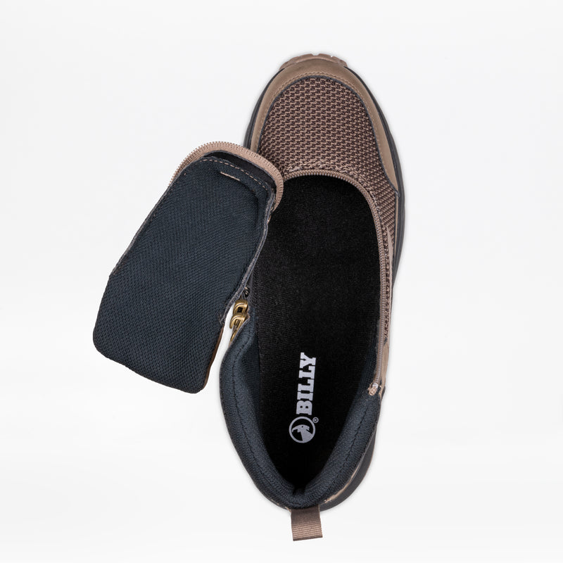 Top view of a Men's Taupe BILLY Inclusion Trail Boot by BILLY Footwear with an easy on/off zipper partly open, showing the interior and BILLY logo on the black insole against a white background.