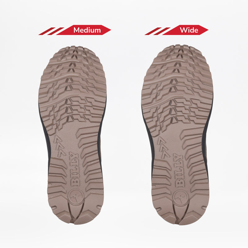 Two taupe Men's BILLY Inclusion Trail Boot soles from BILLY Footwear are displayed side by side on a white background, with the left labeled Medium and the right labeled Wide to show the difference in width.