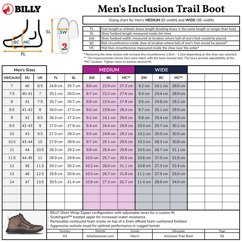 Billy Men's Inclusion Trail Boot sizing chart with boot graphic and measurements.