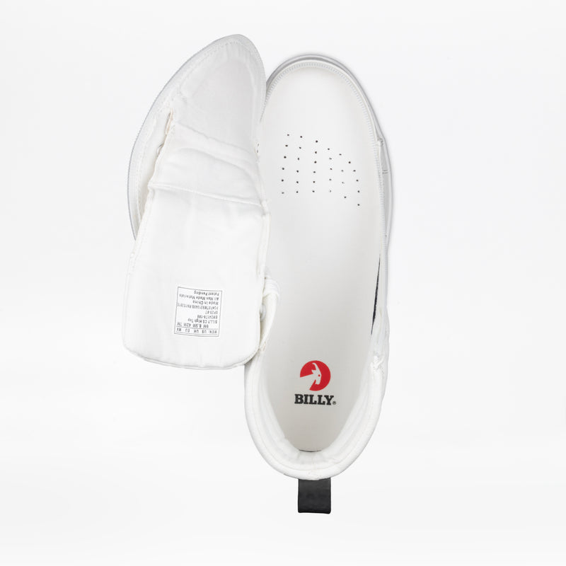 Top view of a Men's White/Black BILLY CS High slip-on by BILLY Footwear with the zipper open, showing the insole branded "BILLY," set against a plain white background.