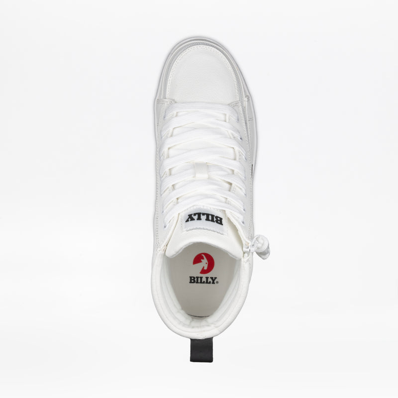 Top view of the Men's White/Black BILLY CS High by BILLY Footwear, featuring white laces, a full wrap zipper, "BILLY" on the tongue, and a red BILLY logo on the insole. Background is plain white.