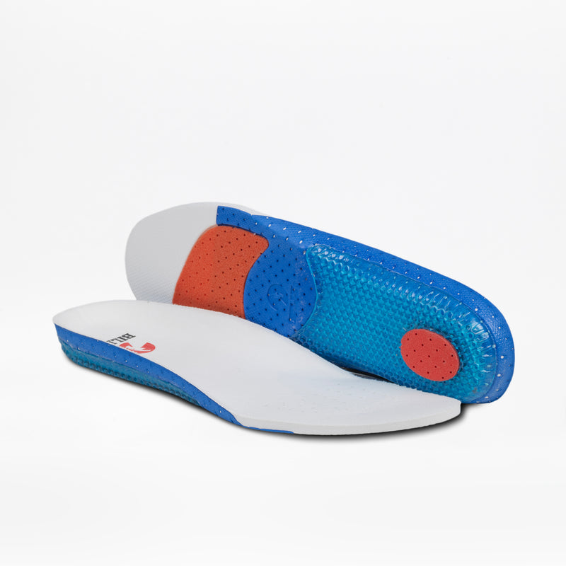 Orthopedic insoles with white tops, blue sides, and red/blue heel and arch cushioning for Men's White/Black BILLY CS High sneakers by BILLY Footwear, shown on a white background.