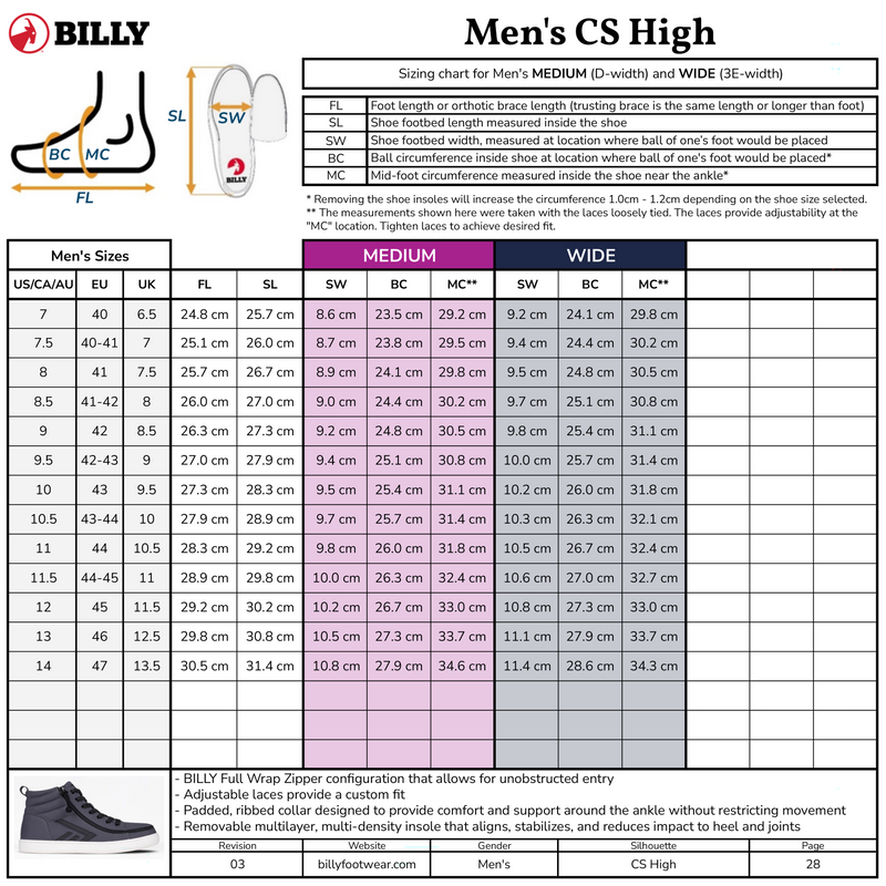 Billy Men's CS High sizing chart with shoe measurements and specifications.
