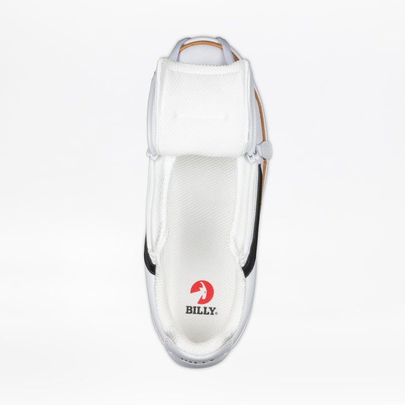 Top view of the Men's White/Black BILLY CS Low by BILLY Footwear, featuring a fully open upper, double zippers for easy access, and the BILLY logo with a red goat on the insole.