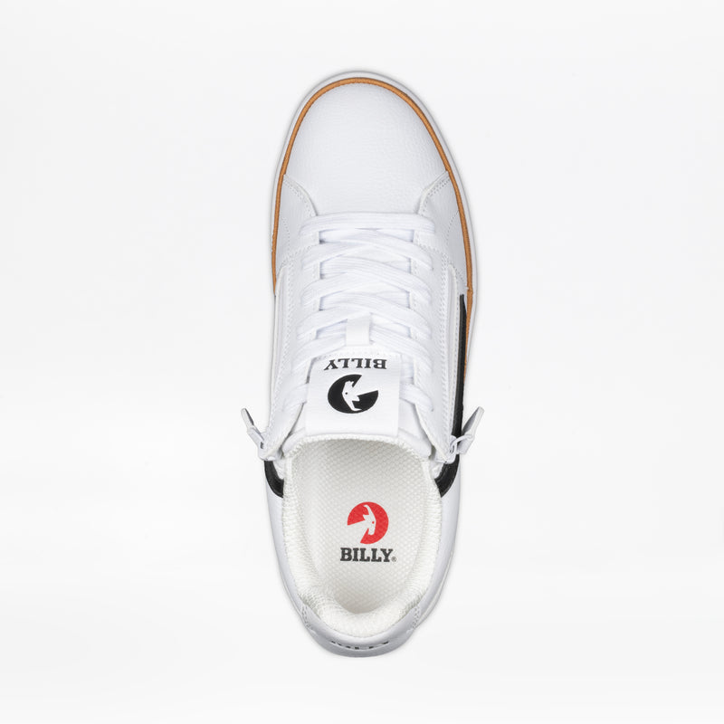Top view of the Men's White/Black BILLY CS Low by BILLY Footwear, featuring white laces, black accents, a side zipper, and a black and white BILLY logo on the tongue. The insole displays BILLY branding with a red accent for added style.