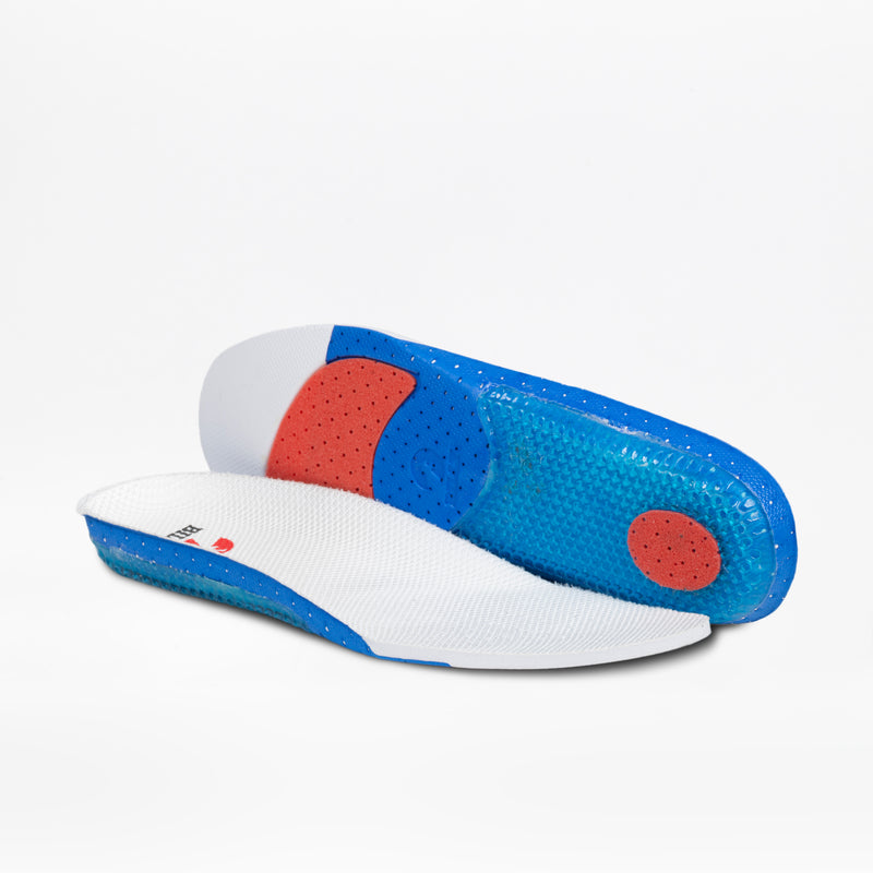 A pair of blue, white, and red orthopedic insoles with textured surfaces and cushioned heel and arch areas, ideal for adding comfort to men's BILLY Footwear White/Black CS Low shoes. Shown on a plain white background.
