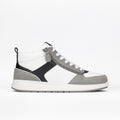 The BILLY Footwear Men's Comfort DZ High sneaker in White/Grey features a white upper, gray suede toe and heel accents, black details, double zipper design, white laces, and a light gray sole—shown in side profile on a plain white background.