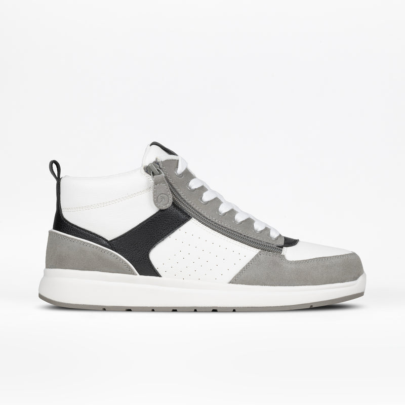 The BILLY Footwear Men's Comfort DZ High sneaker in White/Grey features a white upper, gray suede toe and heel accents, black details, double zipper design, white laces, and a light gray sole—shown in side profile on a plain white background.