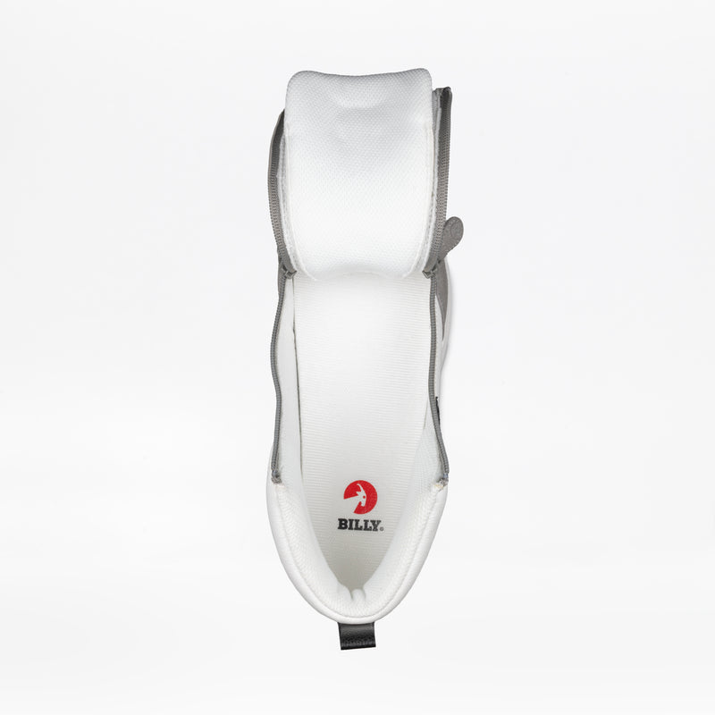 Top view of the Men's White/Grey/Black BILLY Comfort DZ High from BILLY Footwear; features double zippers for easy entry, a wide opening, comfortable insoles, and a red BILLY logo on the insole.