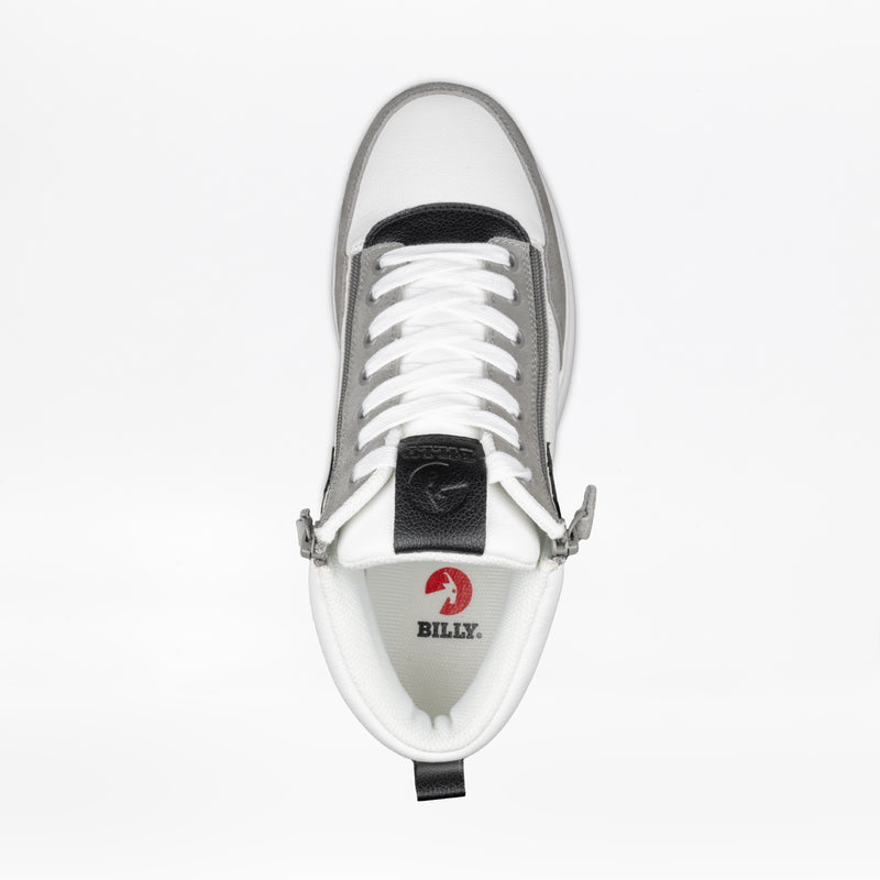 Top view of the Men's White/Grey/Black BILLY Comfort DZ High by BILLY Footwear, featuring black accents, white laces, double side zippers, and comfy insoles with a red BILLY logo and shoe graphic.