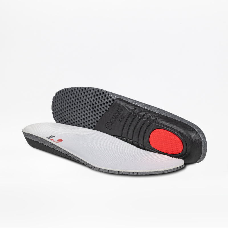 A pair of BILLY Comfort DZ High insoles for Men's White/Grey/Black sneakers by BILLY Footwear, one lying flat and one standing to display the textured black underside and red cushioned heel, shown on a white background.
