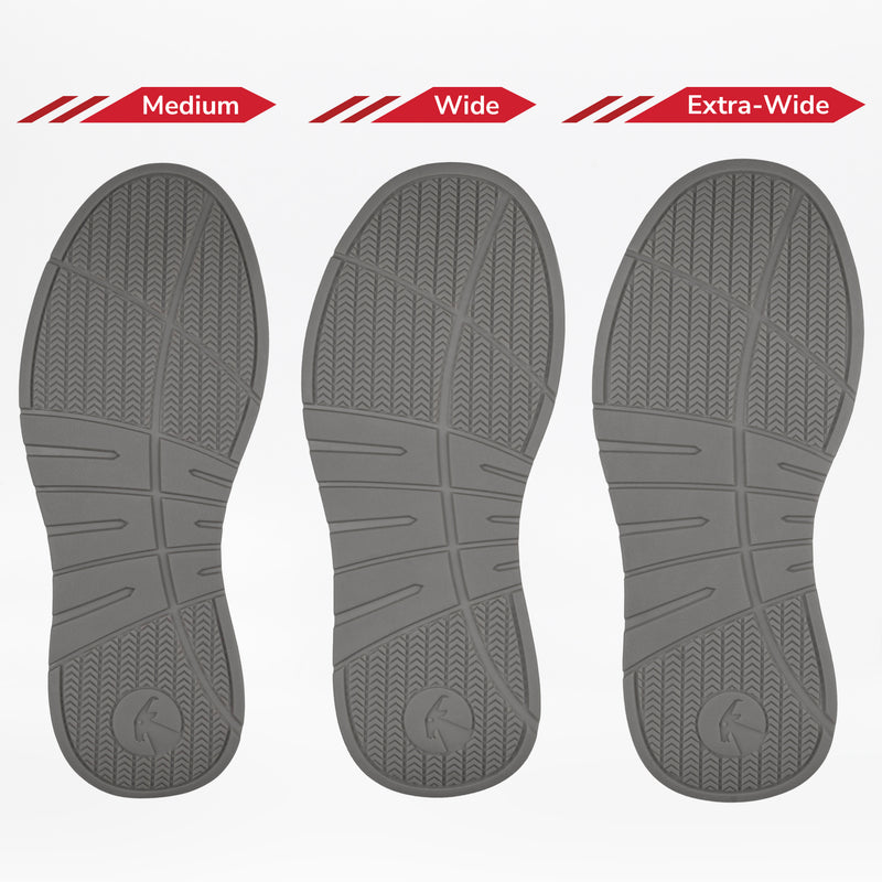 Three gray shoe soles, labeled Medium, Wide, and Extra-Wide, show the width options for the Men's White/Grey/Black BILLY Comfort DZ High sneakers by BILLY Footwear, featuring comfortable insoles.
