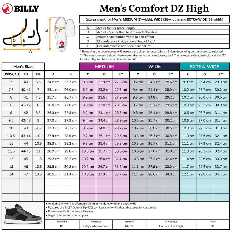 Sizing chart for BILLY Footwear Men's Black/Charcoal/Black BILLY Comfort DZ High with US, UK, EU sizes, foot/bracing length, medium to extra-wide widths, a shoe diagram, and detailed measurements for ideal walking comfort.
