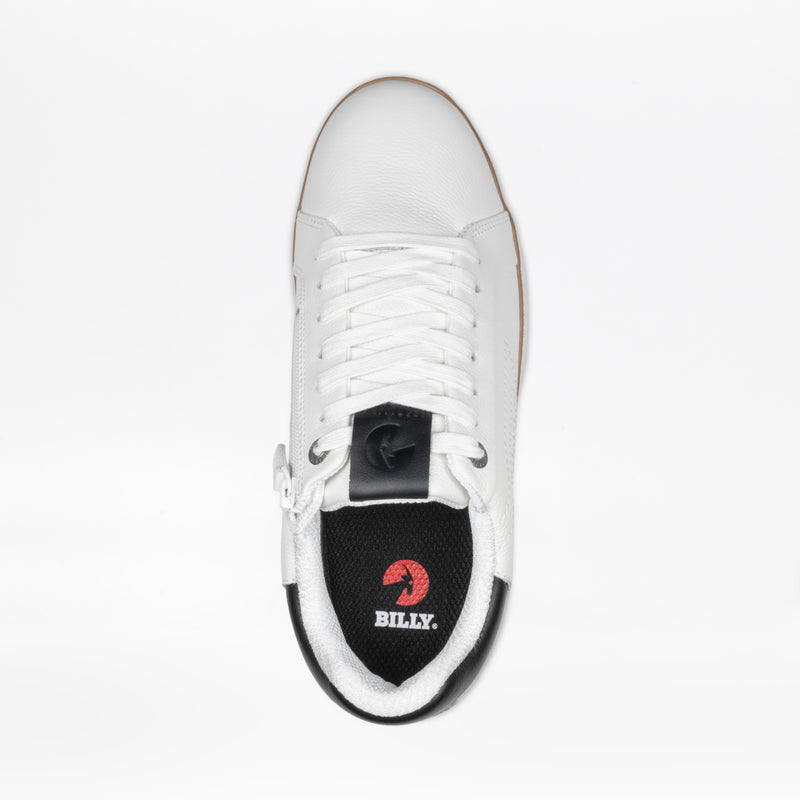 Top view of the Men's White Leather BILLY Comfort Luxe by BILLY Footwear: a sensory-friendly dress sneaker with white laces, black heel and insole with logo, plus an outside zipper for easy on/off.