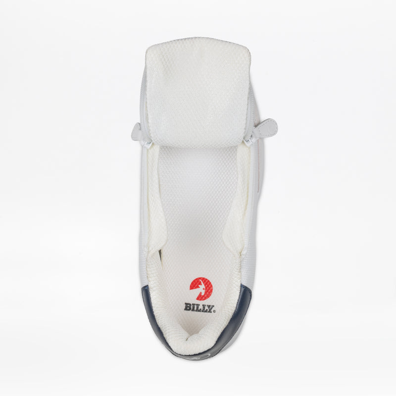 The Men’s White/Navy BILLY Comfort Court by BILLY Footwear features a wide, open top, gray toe, and zipper around the shoe for easy access—combining style and convenience in a fashionable men's sneaker.