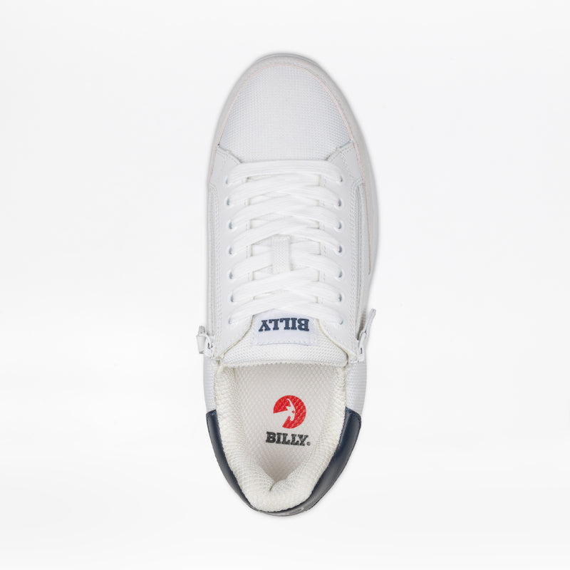 Top view of the Men's White/Navy BILLY Comfort Court by BILLY Footwear, featuring white laces, side zipper, navy blue heel accent, and an insole with the BILLY logo—ideal for those seeking stylish men’s fashion shoes.