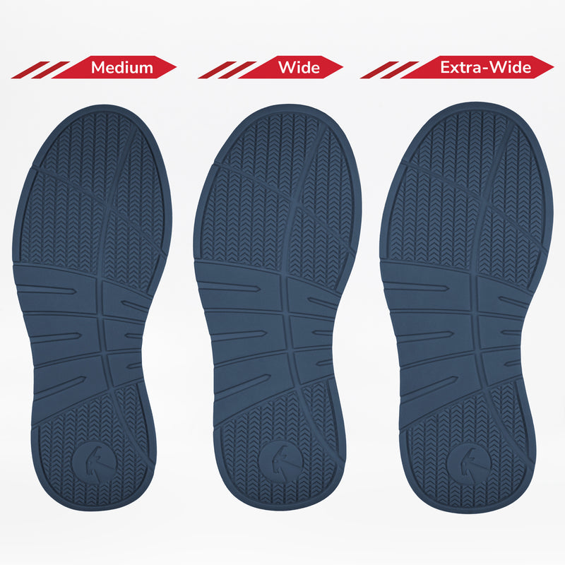 Three blue insoles labeled Medium, Wide, and Extra-Wide are displayed side by side to show the width options available for the Men's White/Navy BILLY Comfort Court from BILLY Footwear.