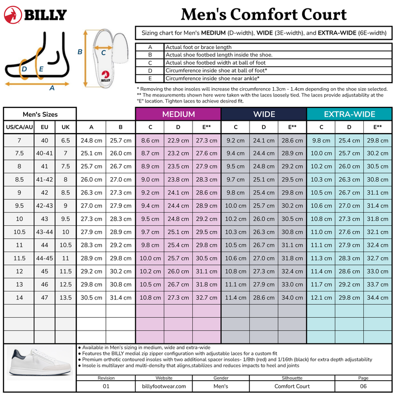 The sizing chart for the Men's White/Navy BILLY Comfort Court by BILLY Footwear displays US, UK, EU sizes, shoe length, foot width for Medium, Wide & Extra-Wide fits plus measurement diagrams and an image of the white sneaker.